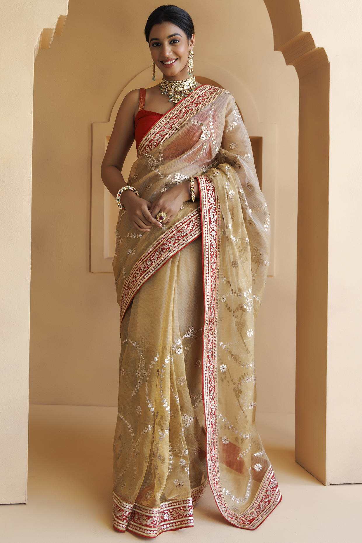 Beige Pure Kota Tissue Gota Patti Jaal Embroidered Handcrafted Reception Saree Set by Geroo Jaipur at Pernia's Pop Up Shop