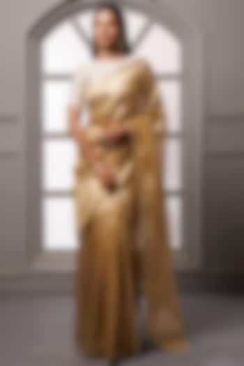 Beige Banarasi Tissue Gota Patti Work Party Wear Saree Set by Geroo Jaipur at Pernia's Pop Up Shop