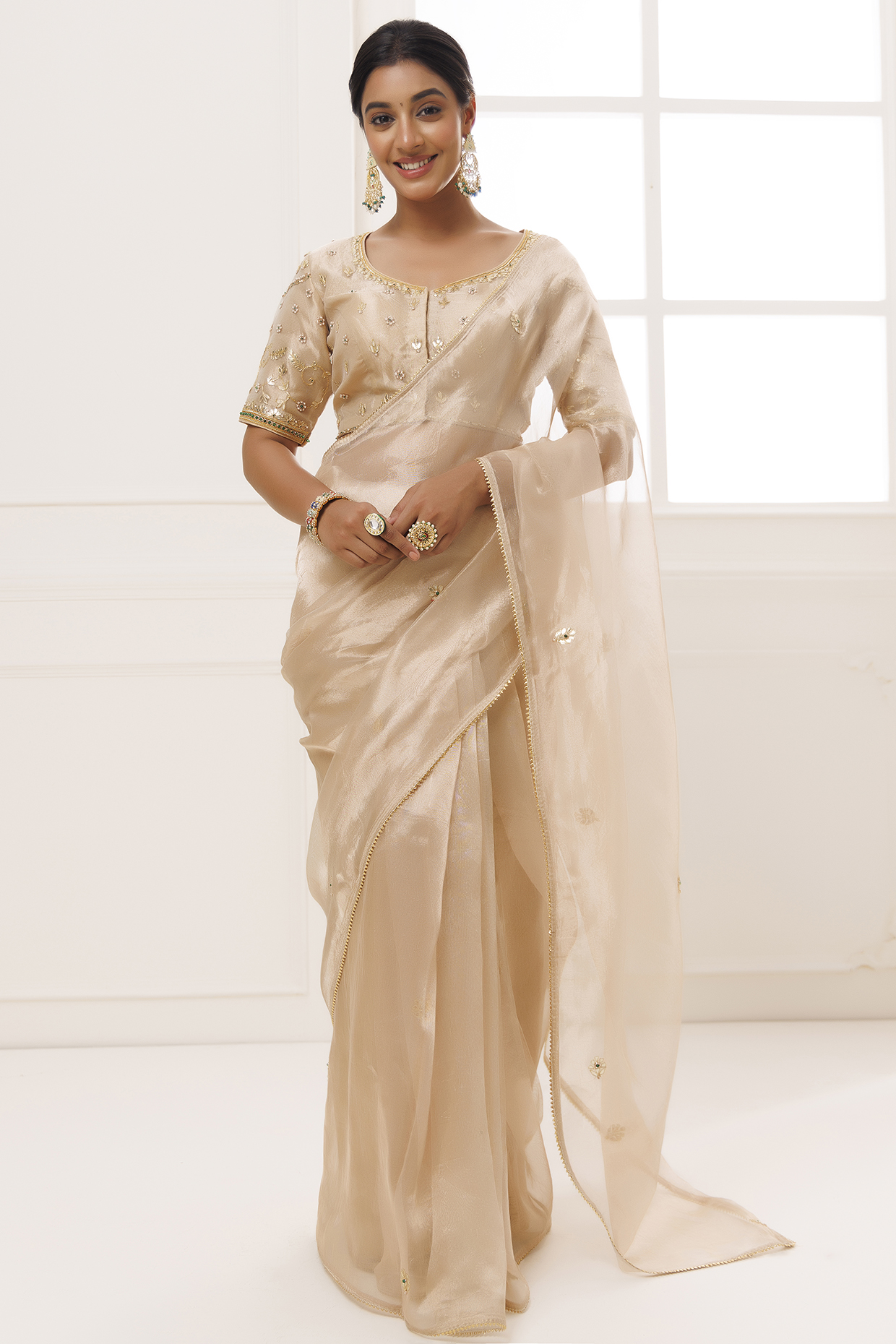 Golden Pure Tissue Gota Patti Work Wedding Saree Set by Geroo Jaipur at Pernia's Pop Up Shop