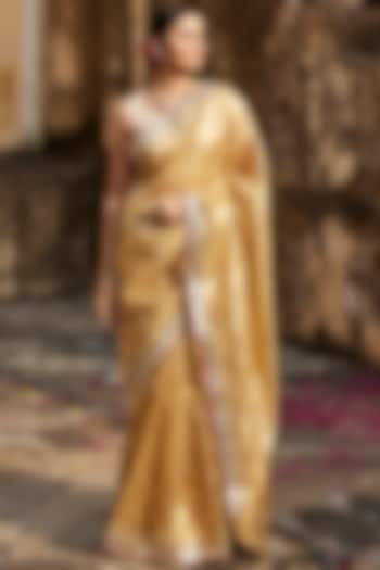 Gold Banarasi Tissue Gota Lace & Hand Embroidered Party Wear Saree Set by Geroo Jaipur at Pernia's Pop Up Shop