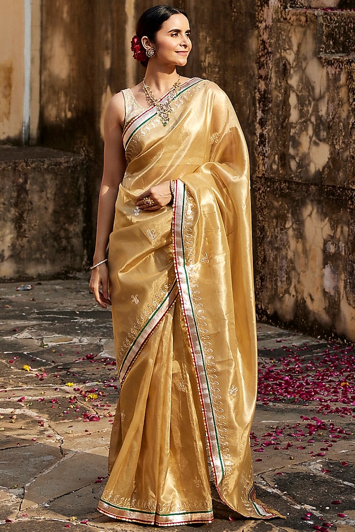 Gold Banarasi Tissue Gota Lace & Hand Embroidered Party Wear Saree Set by Geroo Jaipur at Pernia's Pop Up Shop