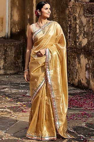 Gold Banarasi Tissue Gota Lace & Hand Embroidered Saree Set by Geroo Jaipur