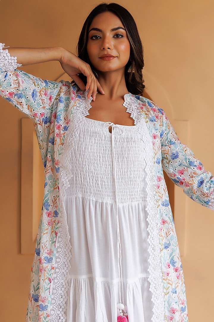 Off-White Cotton Floral Printed Jacket Summer Dress by Geroo Jaipur at Pernia's Pop Up Shop