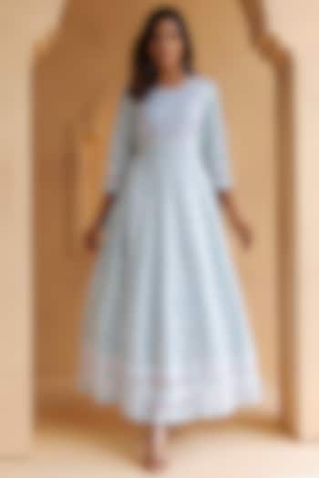 Sky Blue Cotton Floral Printed & Embroidered Maxi Summer Dress by Geroo Jaipur at Pernia's Pop Up Shop