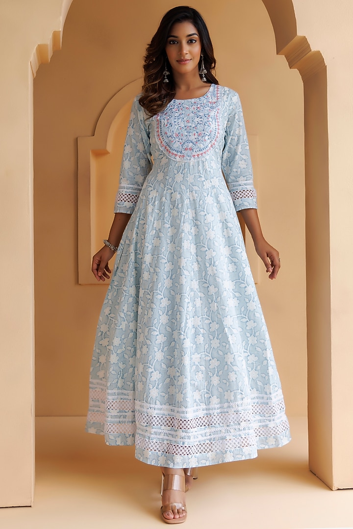 Sky Blue Cotton Floral Printed & Embroidered Maxi Summer Dress by Geroo Jaipur at Pernia's Pop Up Shop