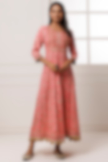 Pink Cotton Rayon Floral Printed & Embroidered Maxi Dress by Geroo Jaipur at Pernia's Pop Up Shop