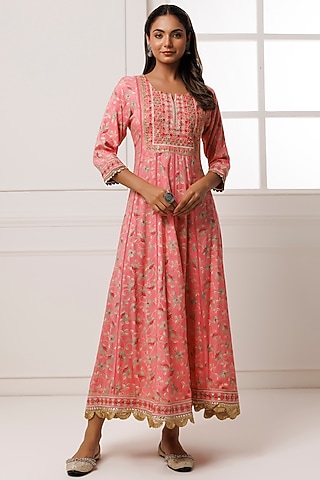 Pink Cotton Rayon Floral Printed & Embroidered Maxi Dress by Geroo Jaipur