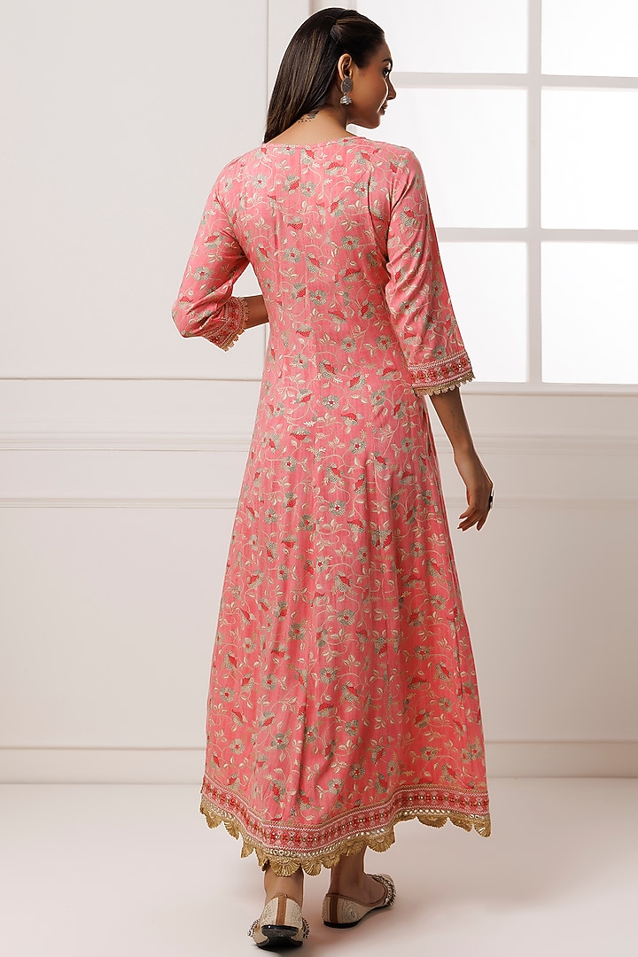 Pink Cotton Rayon Floral Printed & Embroidered Maxi Summer Dress by Geroo Jaipur at Pernia's Pop Up Shop