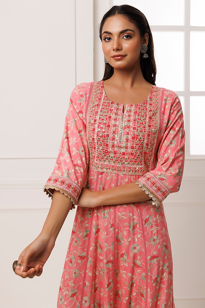 Pink Cotton Rayon Floral Printed & Embroidered Maxi Summer Dress by Geroo Jaipur at Pernia's Pop Up Shop
