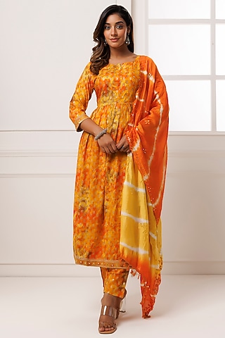 Yellow & Orange Cotton Rayon Printed & Embroidered Kurta Set by Geroo Jaipur