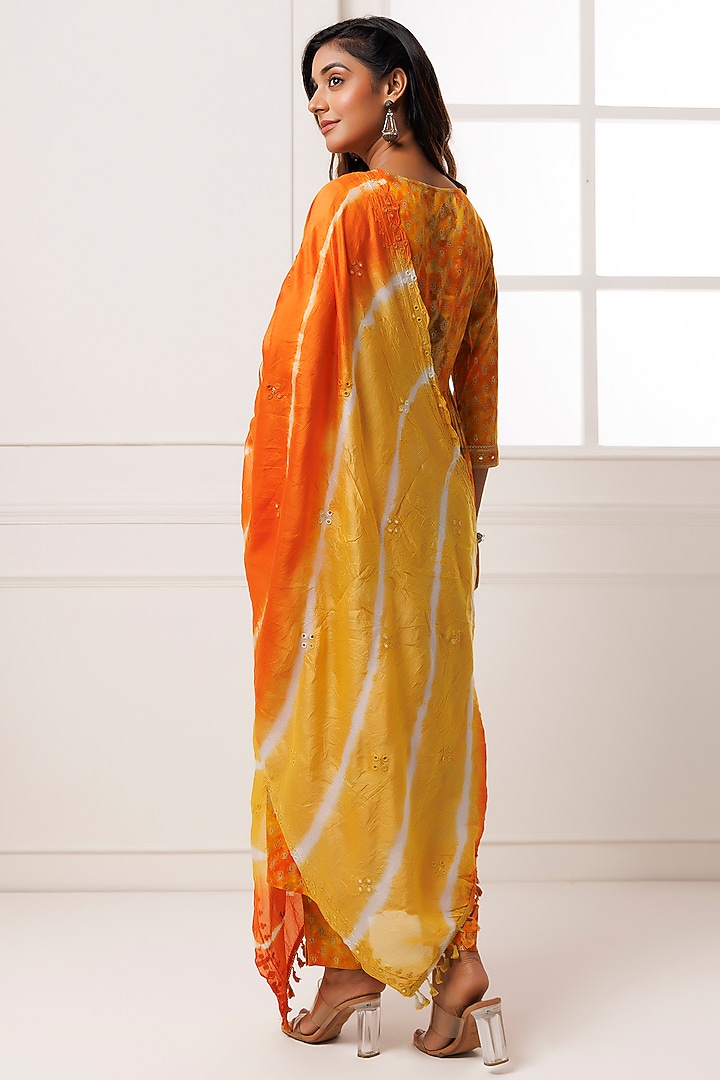 Yellow & Orange Cotton Rayon Printed & Embroidered Kurta Set by Geroo Jaipur at Pernia's Pop Up Shop