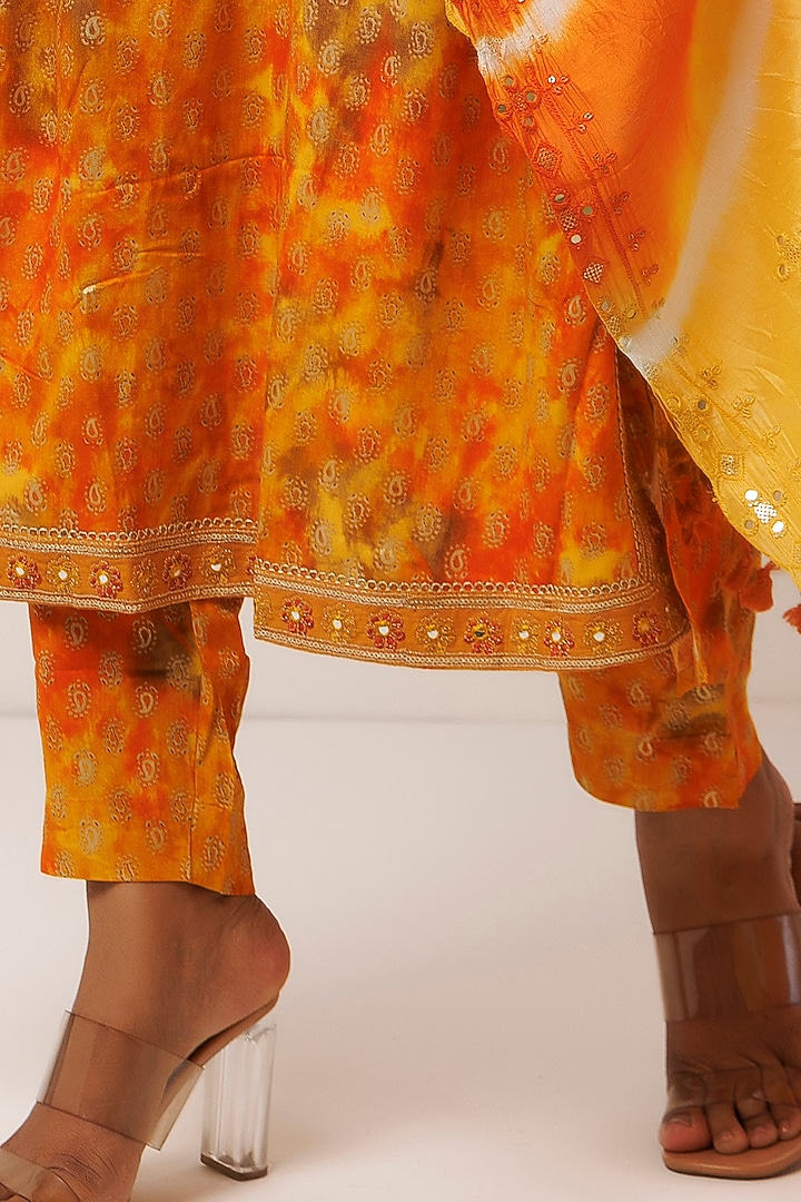 Yellow & Orange Cotton Rayon Printed & Embroidered Kurta Set by Geroo Jaipur at Pernia's Pop Up Shop