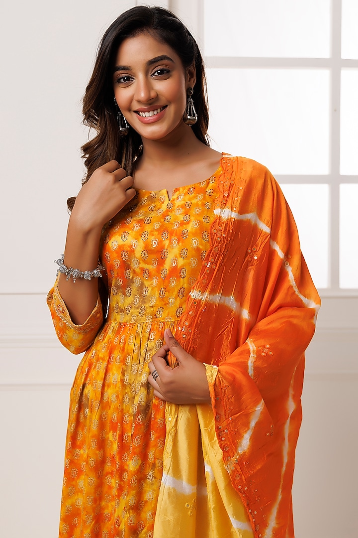 Yellow & Orange Cotton Rayon Printed & Embroidered Kurta Set by Geroo Jaipur at Pernia's Pop Up Shop