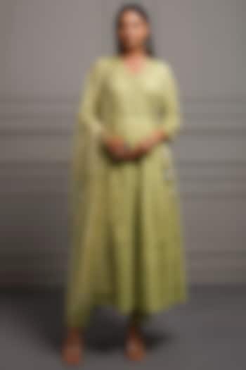 Green Georgette Chikankari Embroidered Angrakha Kurta Set by Geroo Jaipur at Pernia's Pop Up Shop