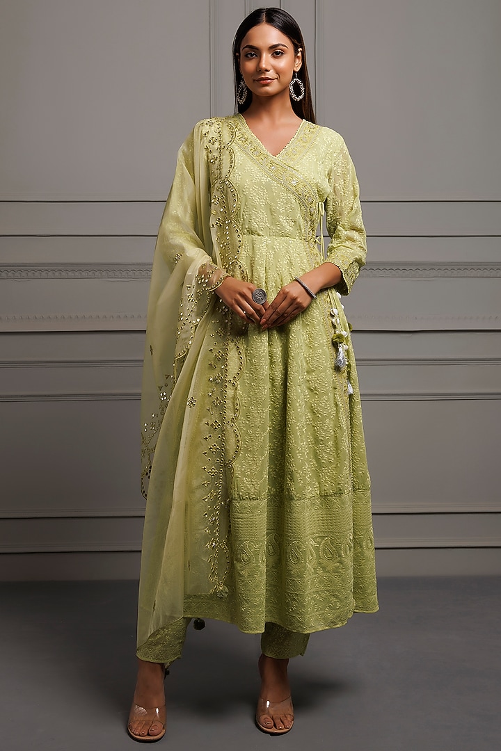 Green Georgette Chikankari Embroidered Angrakha Kurta Set by Geroo Jaipur at Pernia's Pop Up Shop