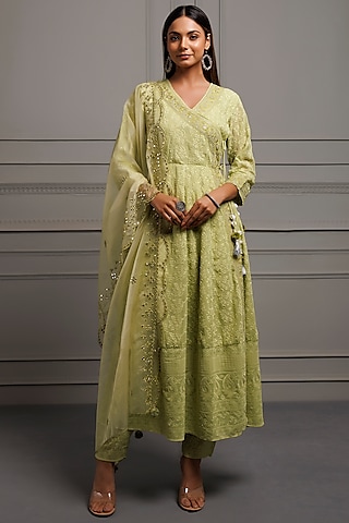 Green Georgette Chikankari Embroidered Angrakha Kurta Set by Geroo Jaipur