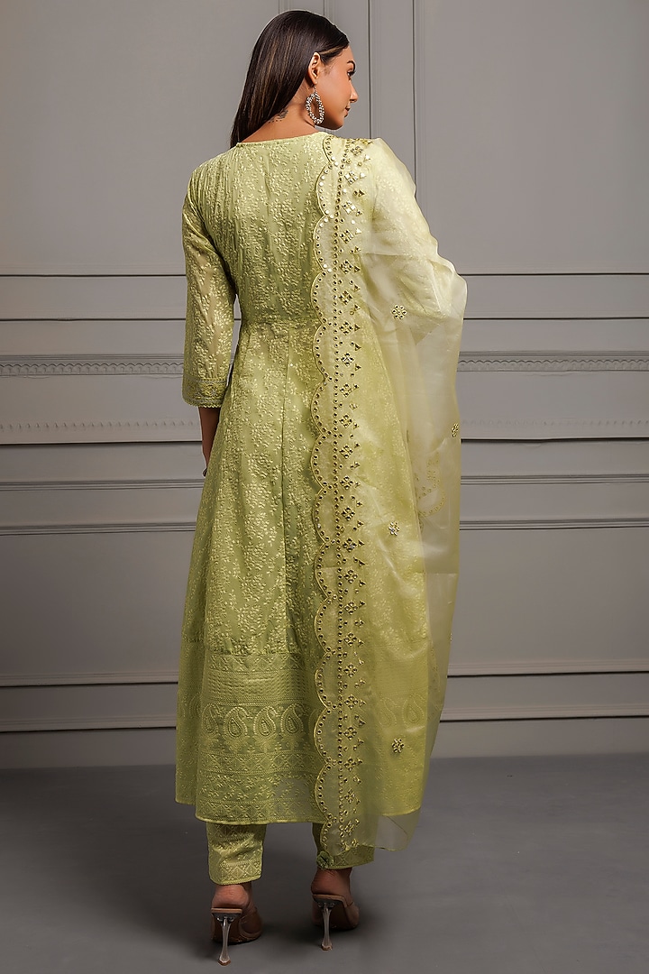 Green Georgette Chikankari Embroidered Angrakha Kurta Set by Geroo Jaipur at Pernia's Pop Up Shop
