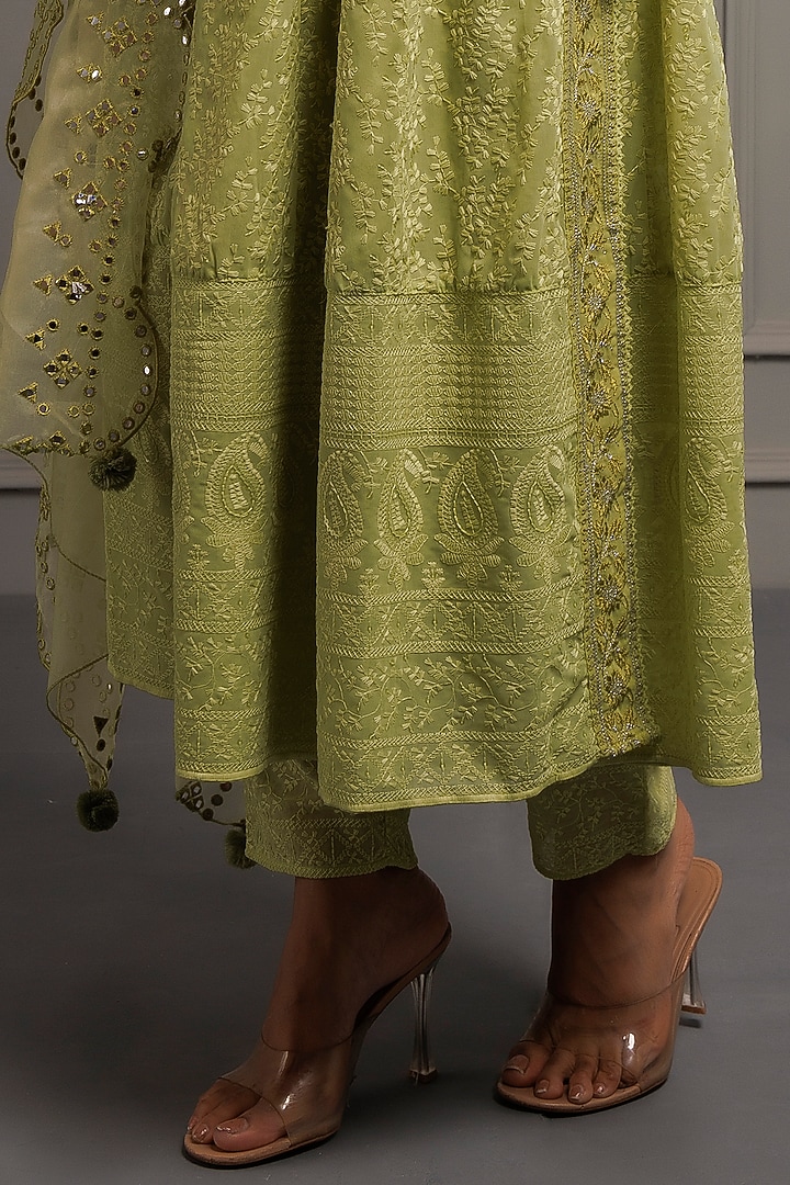 Green Georgette Chikankari Embroidered Angrakha Kurta Set by Geroo Jaipur at Pernia's Pop Up Shop