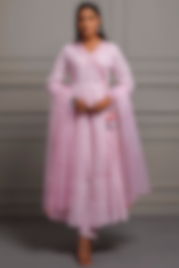 Pink Georgette Chikankari Embroidered Angrakha Kurta Set by Geroo Jaipur at Pernia's Pop Up Shop