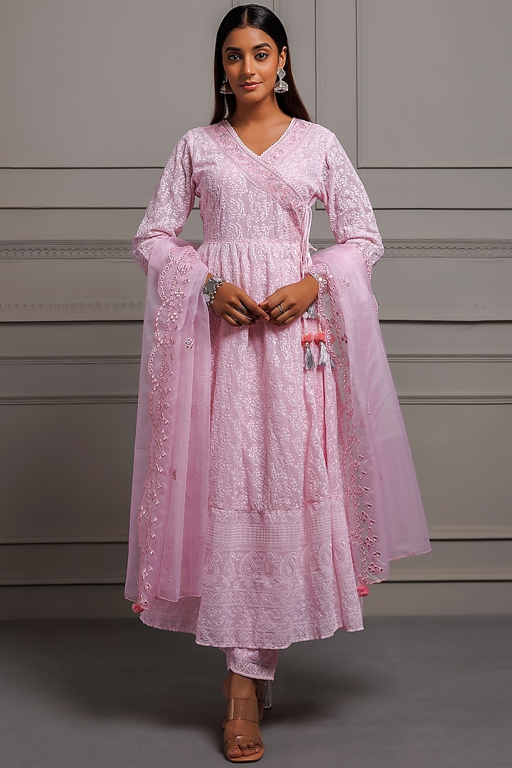 Pink Georgette Chikankari Embroidered Angrakha Kurta Set by Geroo Jaipur at Pernia's Pop Up Shop
