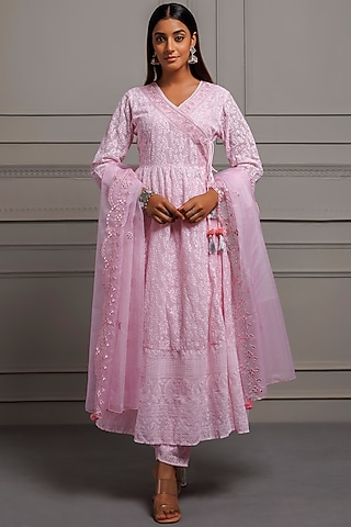 Pink Georgette Chikankari Embroidered Angrakha Kurta Set by Geroo Jaipur