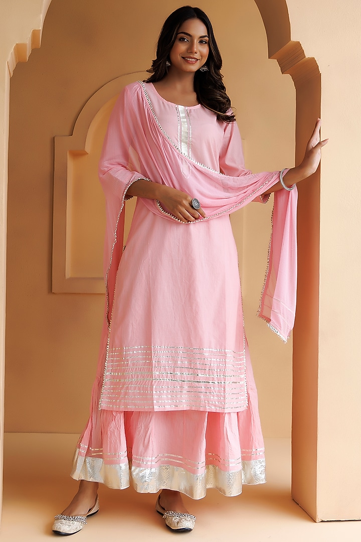 Pastel Pink Cotton Gota Work Skirt Set by Geroo Jaipur at Pernia's Pop Up Shop