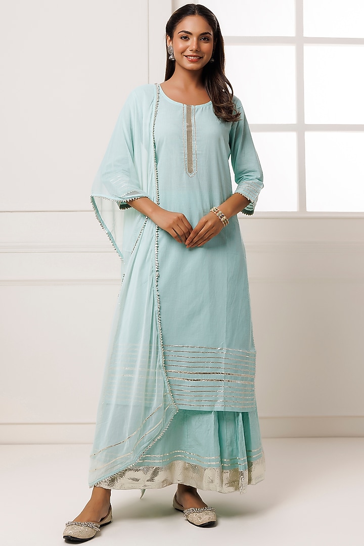 Sea Green Cotton Gota Work Skirt Set by Geroo Jaipur at Pernia's Pop Up Shop