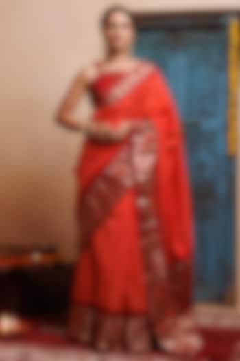 Maroon-Orange Zari Woven Bandhani Pure Silk Wedding Saree Set by Geroo Jaipur at Pernia's Pop Up Shop