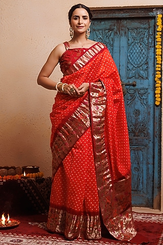 Maroon-Orange Zari Woven Bandhani Pure Silk Saree Set by Geroo Jaipur
