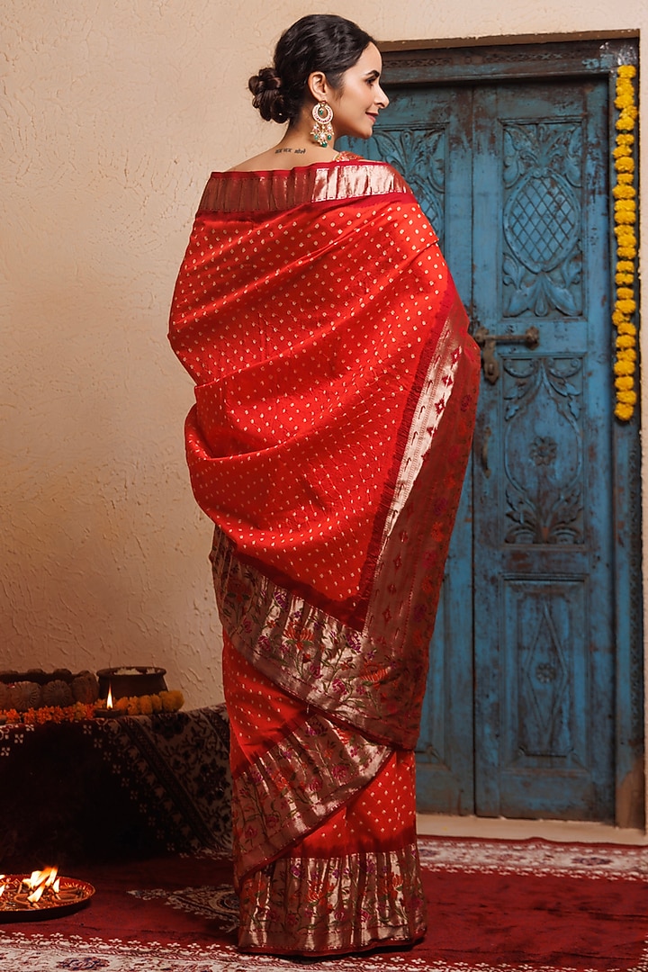 Maroon-Orange Zari Woven Bandhani Pure Silk Wedding Saree Set by Geroo Jaipur at Pernia's Pop Up Shop