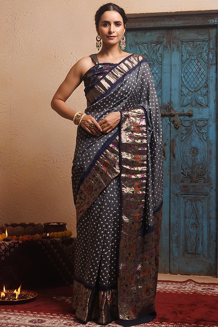 Grey-Blue Zari Woven Bandhani Pure Silk Wedding Saree Set by Geroo Jaipur at Pernia's Pop Up Shop