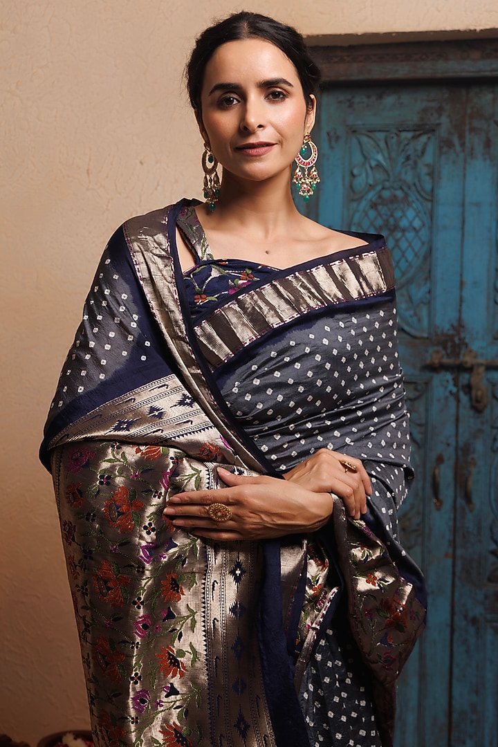 Grey-Blue Zari Woven Bandhani Pure Silk Wedding Saree Set by Geroo Jaipur at Pernia's Pop Up Shop