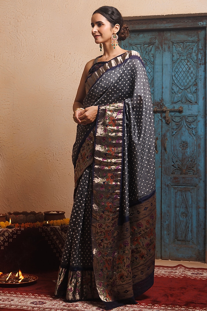 Grey-Blue Zari Woven Bandhani Pure Silk Wedding Saree Set by Geroo Jaipur at Pernia's Pop Up Shop