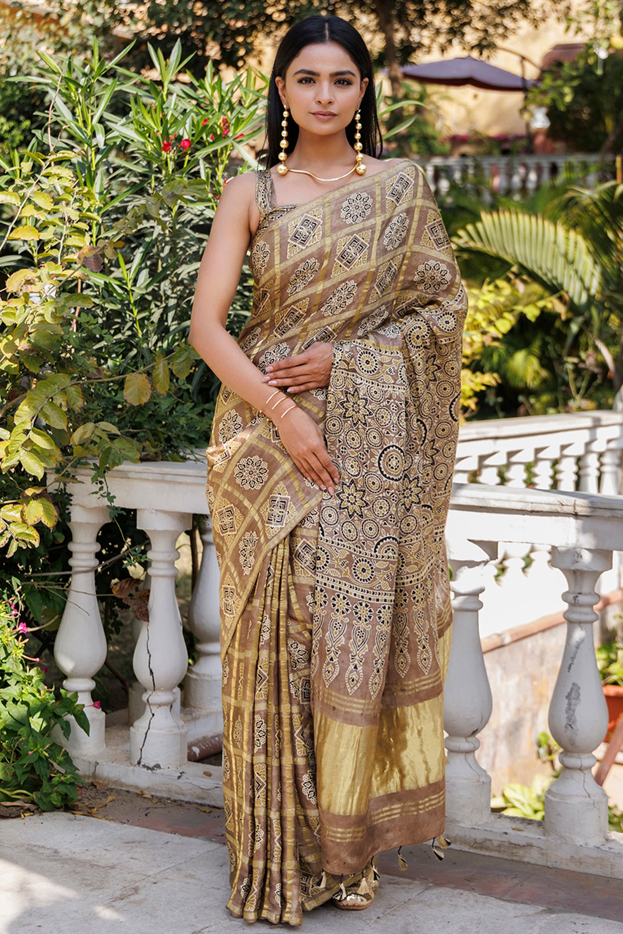 Geroo Jaipur Peanut-Toned Silk Ajrakh Handblock Zari Gharchola Pallu Saree Set
