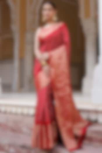 Red Traditional Pure Silk Bandhani Zari Work Wedding Saree Set by Geroo Jaipur at Pernia's Pop Up Shop