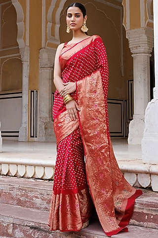 Red Traditional Pure Silk Bandhani Zari Work Saree Set by Geroo Jaipur
