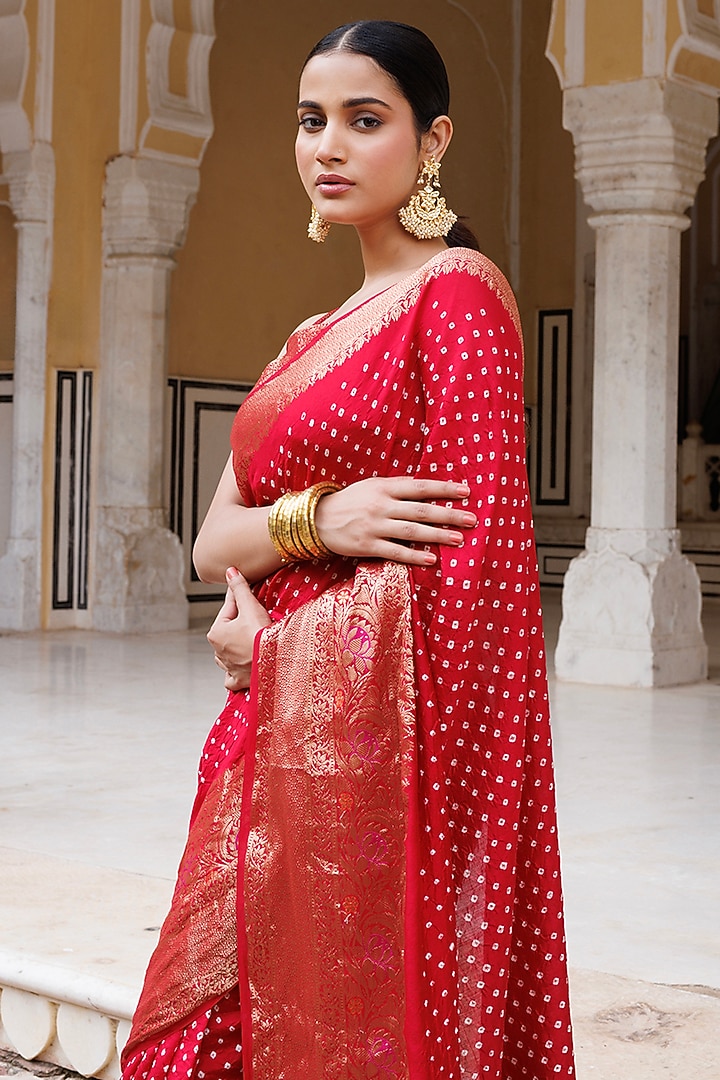 Red Traditional Pure Silk Bandhani Zari Work Wedding Saree Set by Geroo Jaipur at Pernia's Pop Up Shop