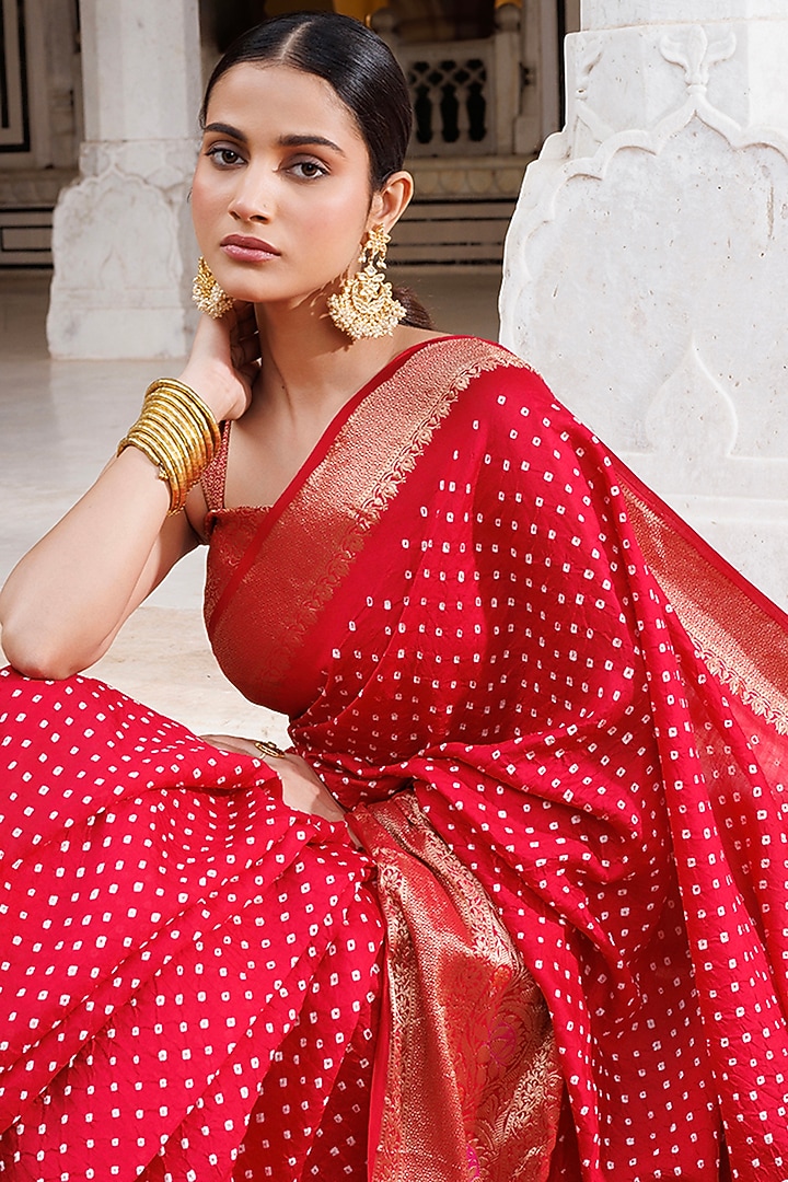 Red Traditional Pure Silk Bandhani Zari Work Wedding Saree Set by Geroo Jaipur at Pernia's Pop Up Shop