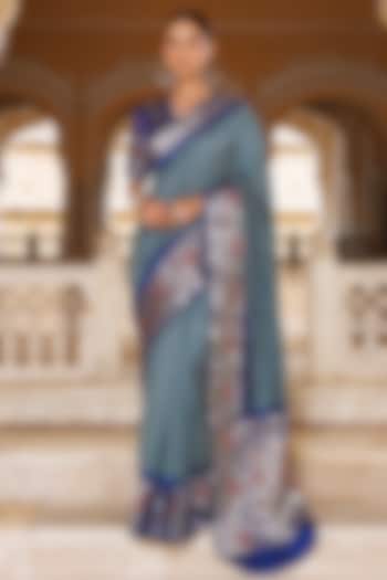 Grey & Blue Pure Silk Zari Woven Bandhani Wedding Saree Set by Geroo Jaipur at Pernia's Pop Up Shop