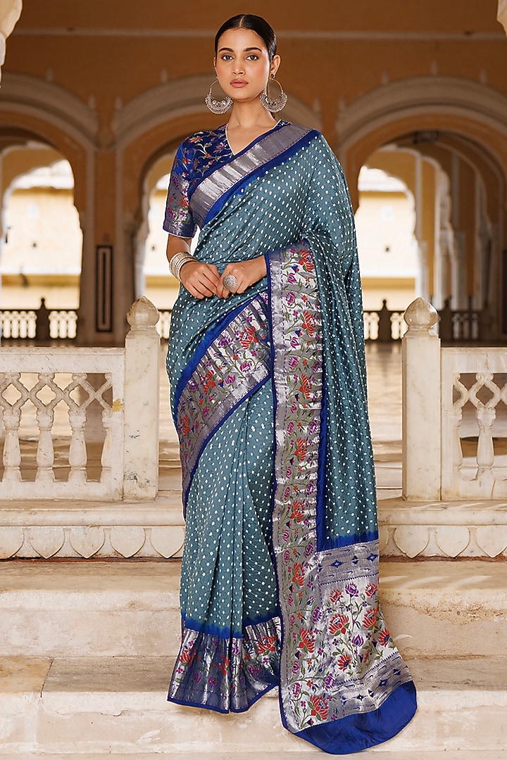 Grey & Blue Pure Silk Zari Woven Bandhani Wedding Saree Set by Geroo Jaipur at Pernia's Pop Up Shop