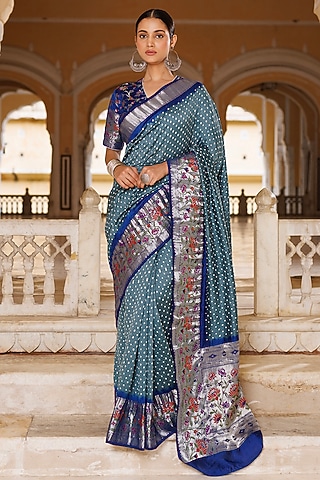 Grey & Blue Pure Silk Zari Woven Bandhani Saree Set by Geroo Jaipur