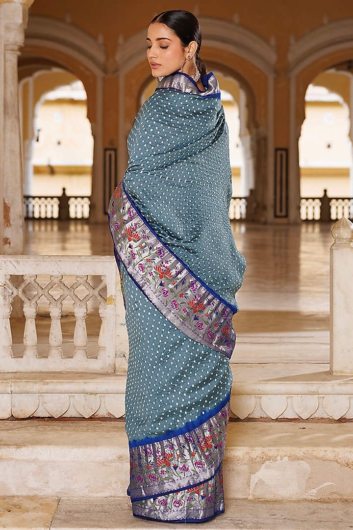 Grey & Blue Pure Silk Zari Woven Bandhani Wedding Saree Set by Geroo Jaipur at Pernia's Pop Up Shop