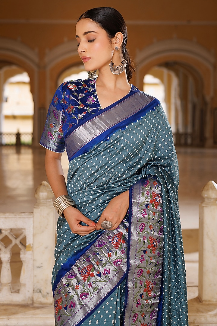 Grey & Blue Pure Silk Zari Woven Bandhani Wedding Saree Set by Geroo Jaipur at Pernia's Pop Up Shop