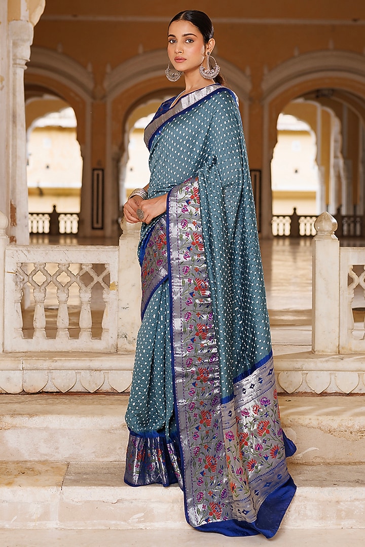 Grey & Blue Pure Silk Zari Woven Bandhani Wedding Saree Set by Geroo Jaipur at Pernia's Pop Up Shop