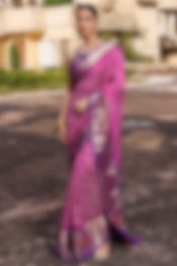 Pink & Purple Pure Silk Zari Woven Bandhani Wedding Saree Set by Geroo Jaipur at Pernia's Pop Up Shop