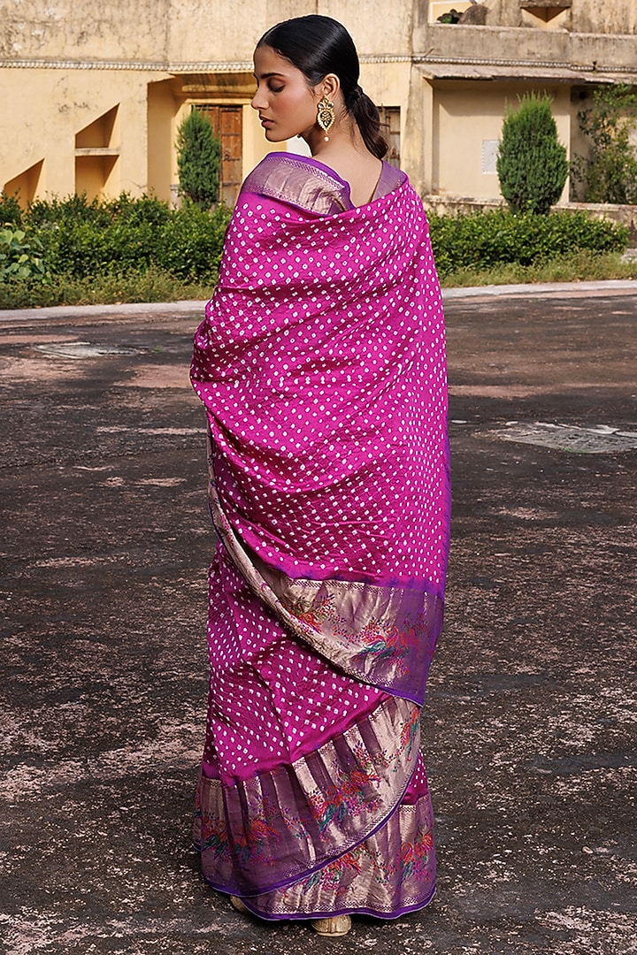 Pink & Purple Pure Silk Zari Woven Bandhani Wedding Saree Set by Geroo Jaipur at Pernia's Pop Up Shop