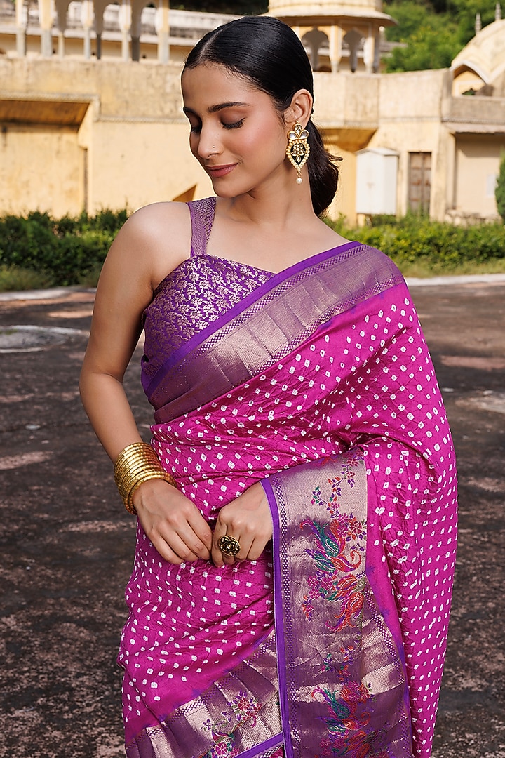 Pink & Purple Pure Silk Zari Woven Bandhani Wedding Saree Set by Geroo Jaipur at Pernia's Pop Up Shop
