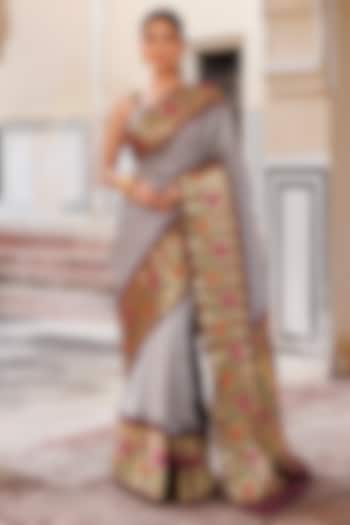 Grey & Brown Pure Silk Zari Woven Bandhani Wedding Saree Set by Geroo Jaipur at Pernia's Pop Up Shop