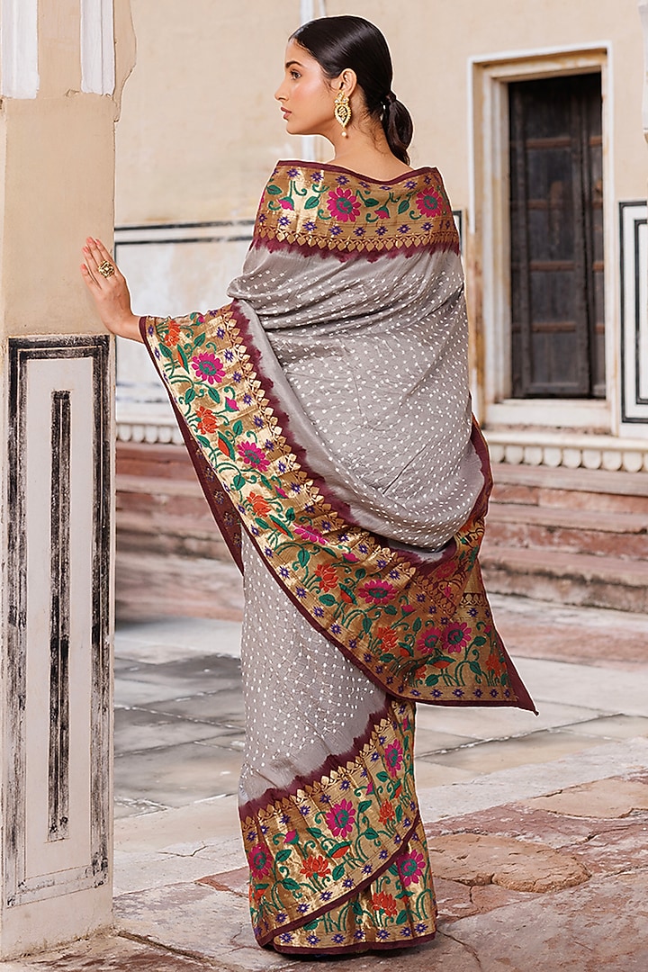 Grey & Brown Pure Silk Zari Woven Bandhani Wedding Saree Set by Geroo Jaipur at Pernia's Pop Up Shop