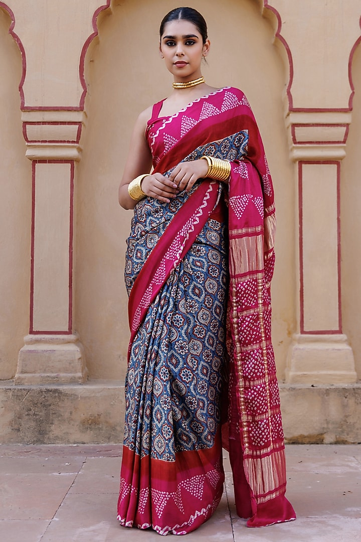 Pink Gajji Silk Handwoven Ajrakh Bandhani Wedding Saree Set by Geroo Jaipur at Pernia's Pop Up Shop